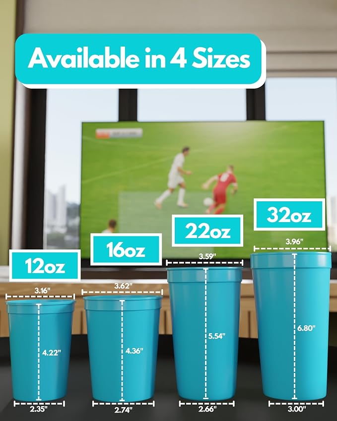 PartyPrints 100 Pack 16 oz Turquoise Reusable Blank Plastic Cups, Stadium Cups - Image 4