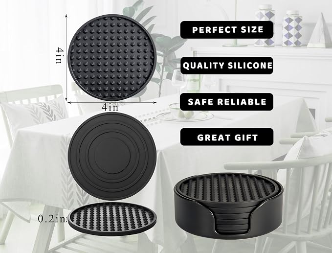 Rubber Coasters Set 6 with Holder, Non-Slip Silicone Drink Coaster Cup Mats | - Image 6