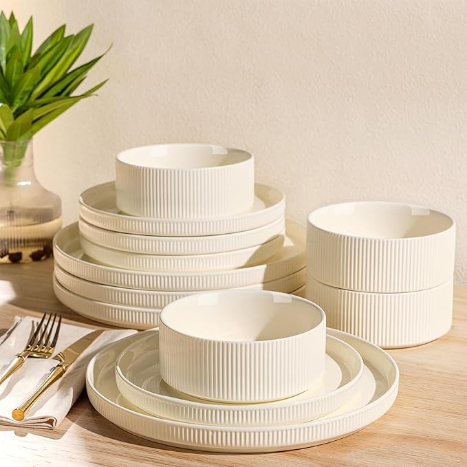 Ceramic Dinnerware Set for 4, 12-Piece Plates and Bowls Set | Lightweight by TheTerra