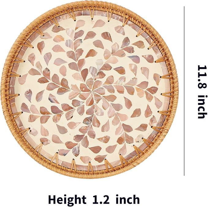 Kmelep Round Rattan Tray with Mother of Pearl Inlay, Rattan Serving Tray with - Image 6