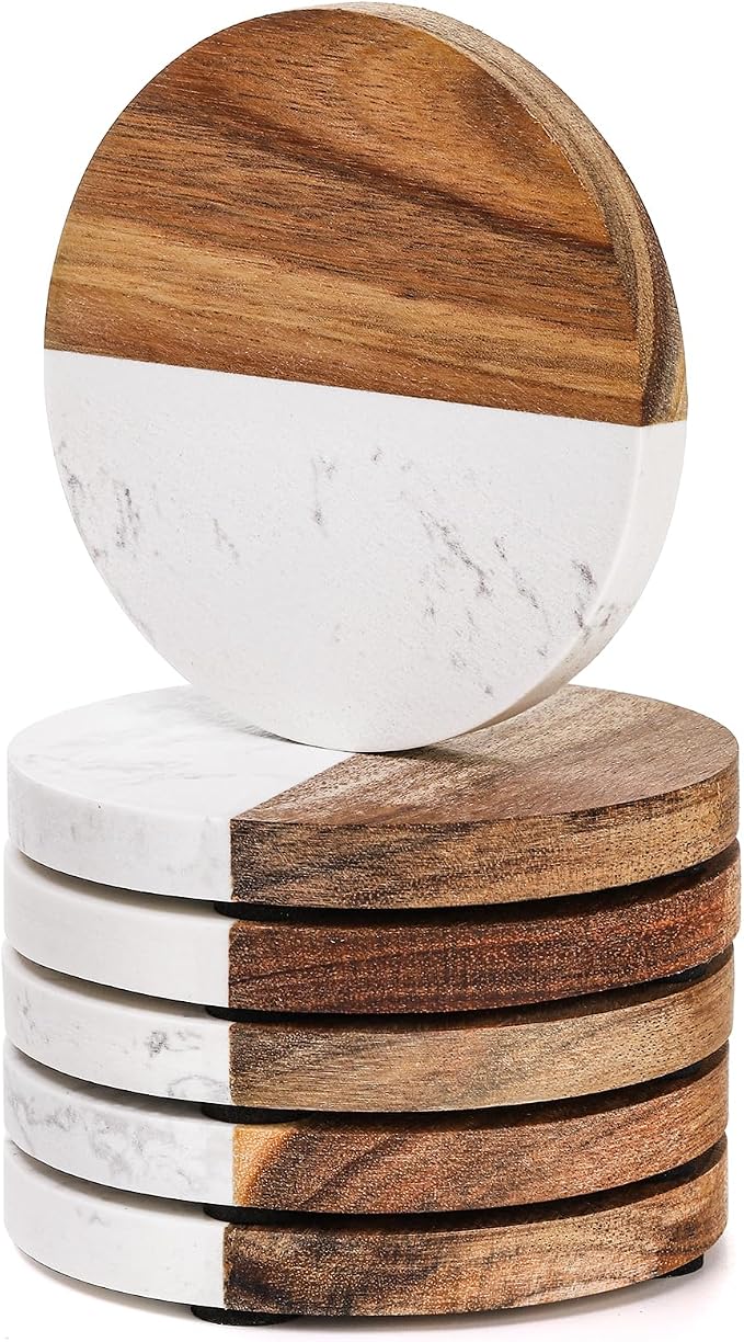 6 Packs Marble Wood Coasters, Round Coaster, Handcrafted Artificial Marble by ZENFUN