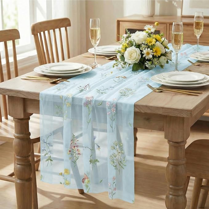 Artoid Mode Wildflower Floral Sky Blue Gauze Embroidery Table Runner 120 Inch - Image 2