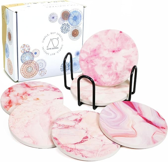 AD Set of 6 Coasters for Drinks Absorbing Round Ceramic Stone Coaster by AD
