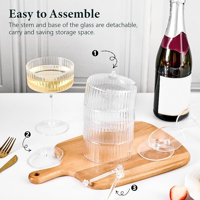 ZOMUIA Ribbed Coupe Glasses 6 Pcs, 10 oz Plastic Champagne Coupe Detachable - Image 6