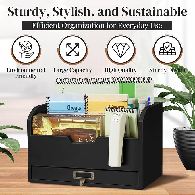 Flexzion Wood Desk Organizer, 3-Tier Mail Organizer w/Drawer, Light Brown | - Image 3