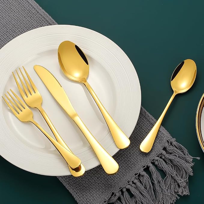Gold Silverware Set for 12, Compralo 60 Pieces Stainless Steel Shiny Gold - Image 4