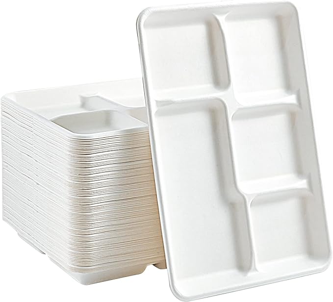 Vplus 100% Compostable 5 Compartment Paper Plates, 100 Pack, 12.5 x 8.6 inch by Vplus