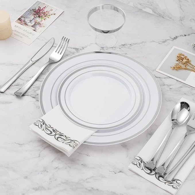 BESTVIP 350 PCS Disposable Silver Plates and Silverware Set - Image 5