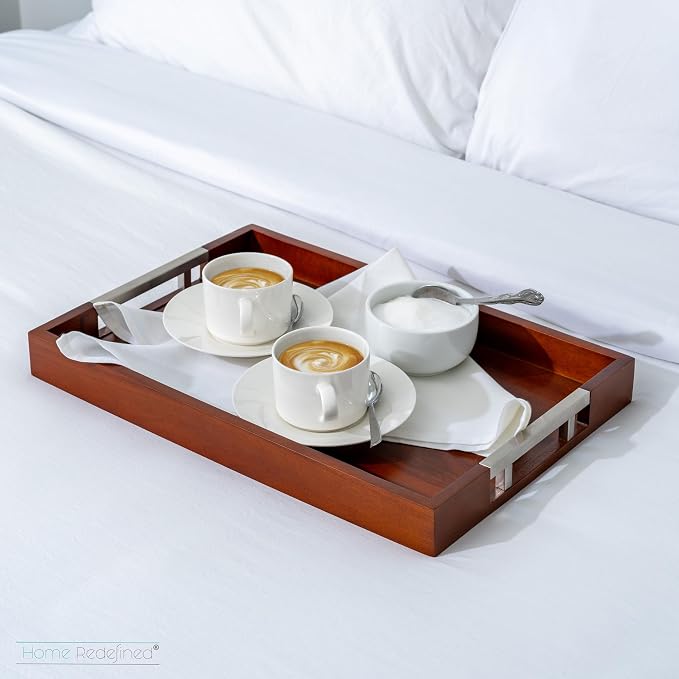 Acacia Wood Serving Tray with Silver Stainless Steel Metal Handles, 17.5x12 - Image 2