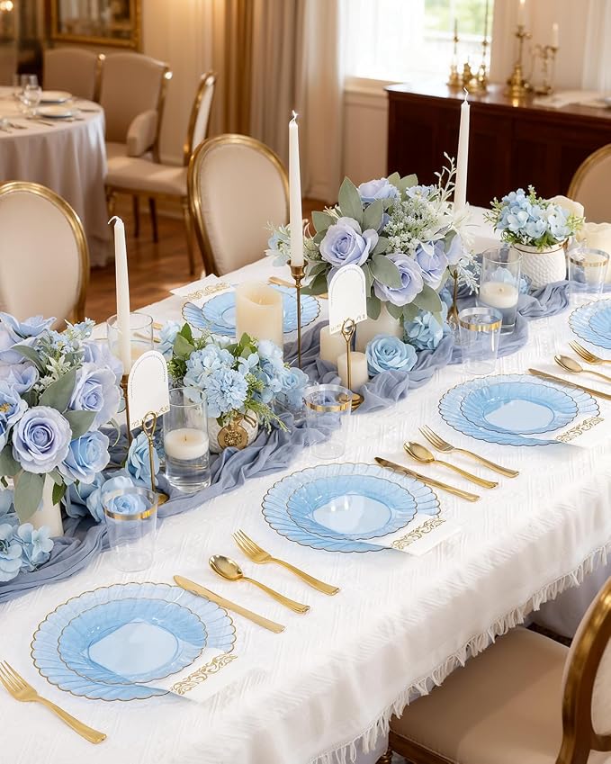 YOUBET 175PCS Clear Blue Scalloped Plastic Plates - Image 3