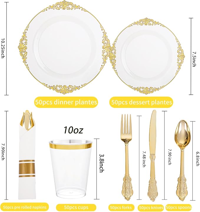 350 Pcs Clear Gold Plates for Party | Clear Party Plates Set for 50 Guests - Image 2