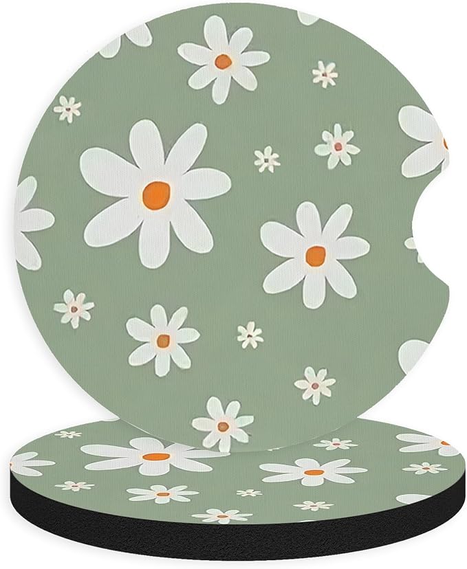 2pcs Cute White Flowers Car Coasters, Absorbent Universal neoprener Cup Holder by Unknown