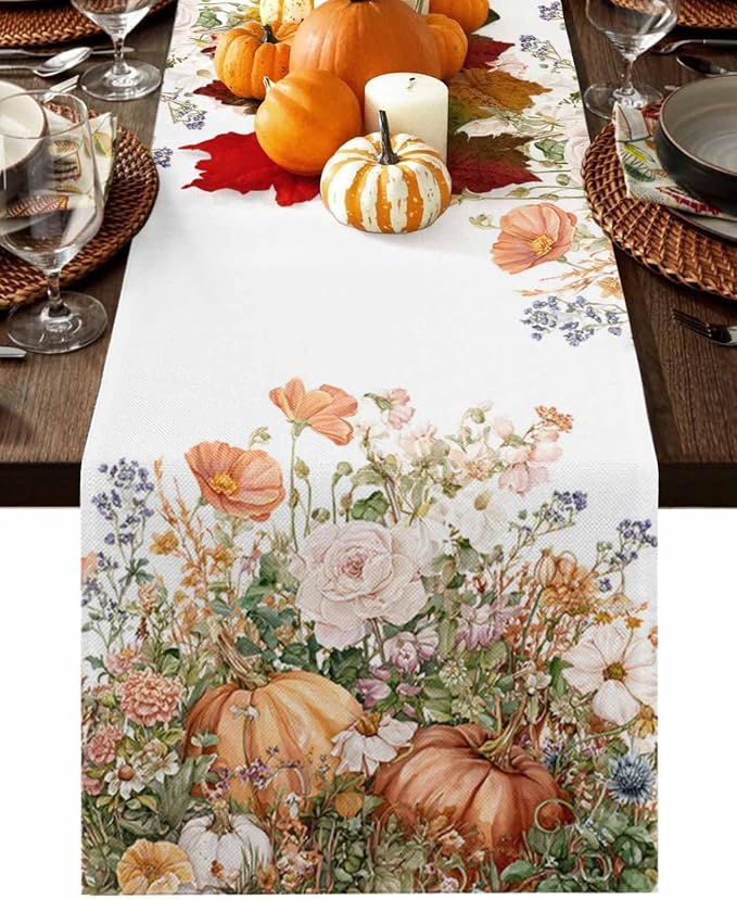 Fall Windflowers Pumpkin Table Runners 90 Inches Long, Cotton Linen Fabric by Edwiinsa