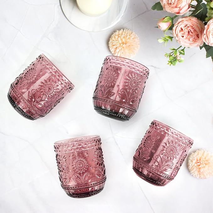Topsky Vintage Drinking Glass Set of 4, 12 oz Embossed Floral Drinkware Set - Image 2