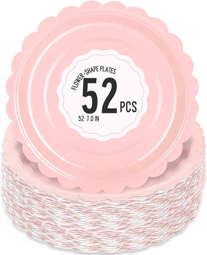 52 Pcs Pink Paper Plates 7 Inch Scalloped Dessert Plates by Polinook-TheAnswerToEveryClutteredSpace