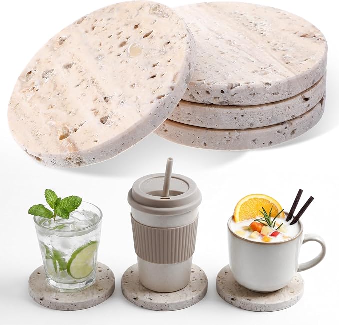 Travertine Coasters Set of 4, Marble Absorbent Coaster by Unknown
