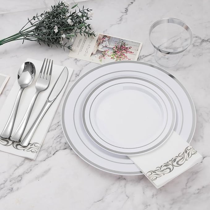 BESTVIP 350 PCS Disposable Silver Plates and Silverware Set - Image 2