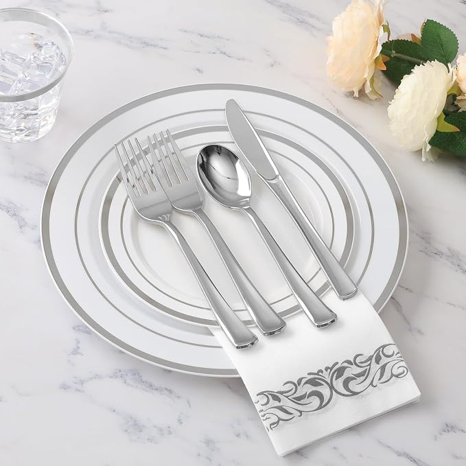 175 Pcs Silver Dinnerware Sets for 25 Guests, Disposable Plate Set | Plastic - Image 7