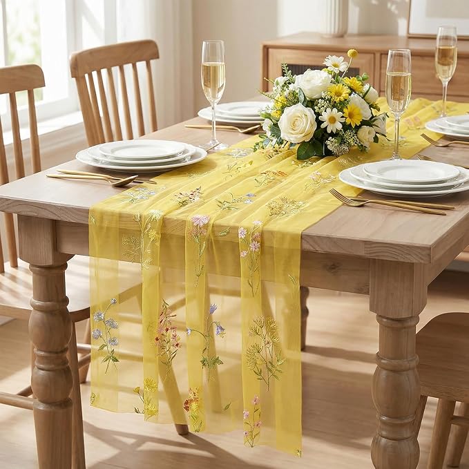 Artoid Mode Wildflower Floral Yellow Gauze Embroidery Table Runner 120 Inch 10FT - Image 2