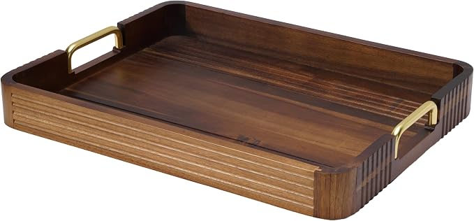 Acacia Wood Serving Tray with Metal Handles, Decorative Coffee Table Tray & - Image 9