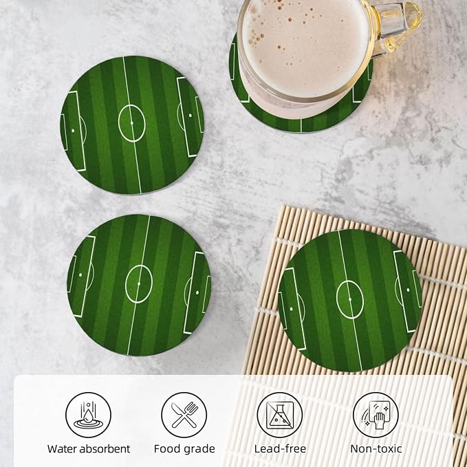 Green Soccer Football Field Coasters Set of 4, Absorbent Ceramic Drink Coasters - Image 5