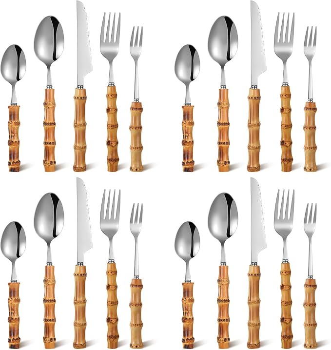 EBOOT 20 Pieces Bamboo Silverware Set 18/8 Stainless Steel Tableware Set by eBoot