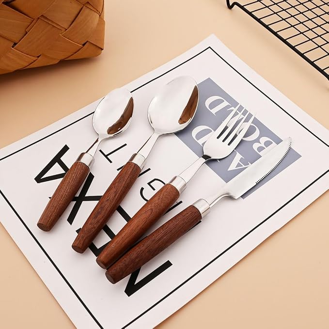 4-Piece Wooden Handle Silverware Set, BRIIEC 304 Stainless Steel Flatware Set - Image 8
