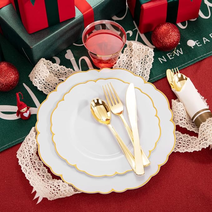 Morejoy 175PCS Gold Plastic Plates，White Gold Disposable Plates Sets | Include - Image 8
