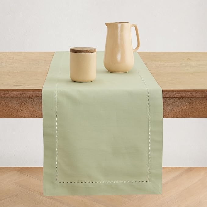 Solino Home Cotton Linen Dining Table Runner Sage Hemstitch, 14 x 120 in | by SolinoHome