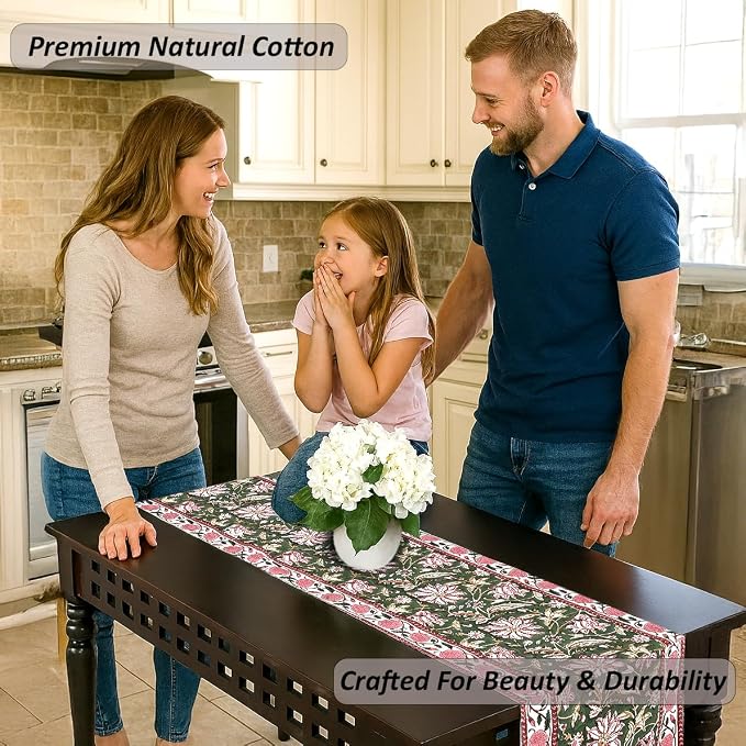 Hunter Green Hand Block Print 100% Cotton Reusable Table Runner 16" X 90" - Image 5