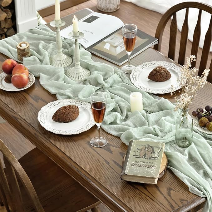 Artoid Mode Boho Cheesecloth Gauze Sage Green Wedding Table Runner, 160 Inch - Image 3