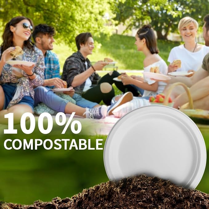 10 Inch Compostable Paper Plates【White 150 Pack】, 100% Sugarcane Bagasse Large - Image 5