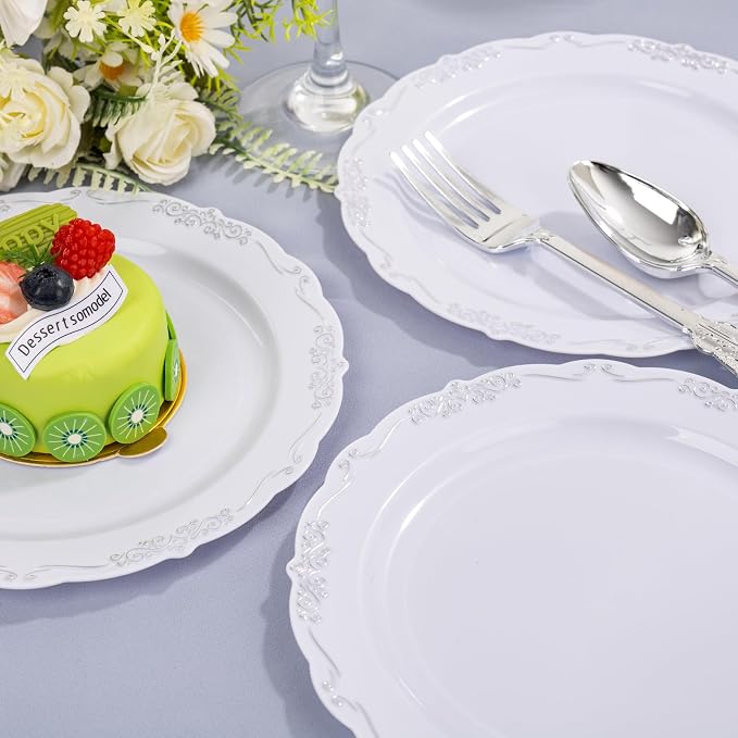 DaYammi 60PCS White and Silver Plastic Plates, Heavy Duty White and Silver - Image 5