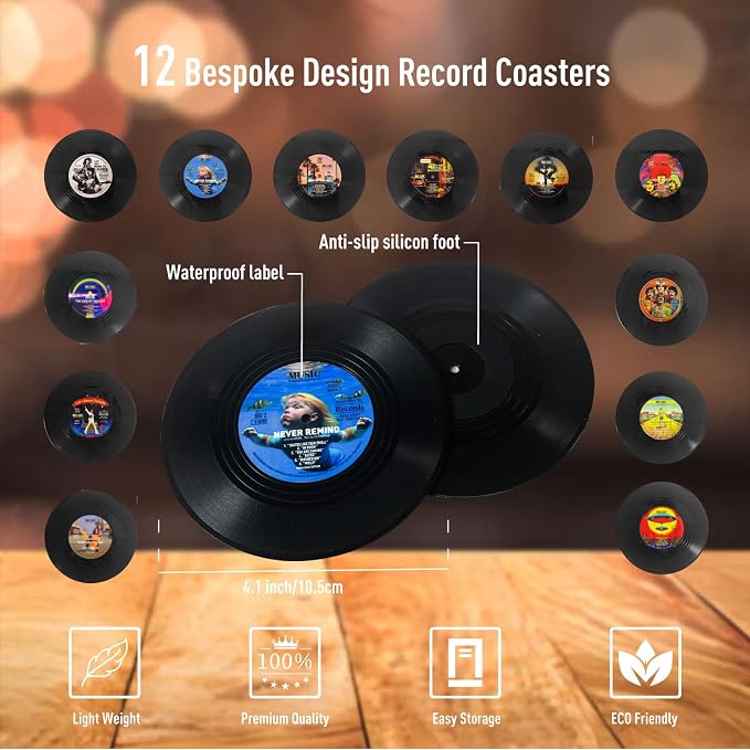 Funny Retro Vinyl Record Coasters, Creative Drink Coasters Set of 12 - Image 5