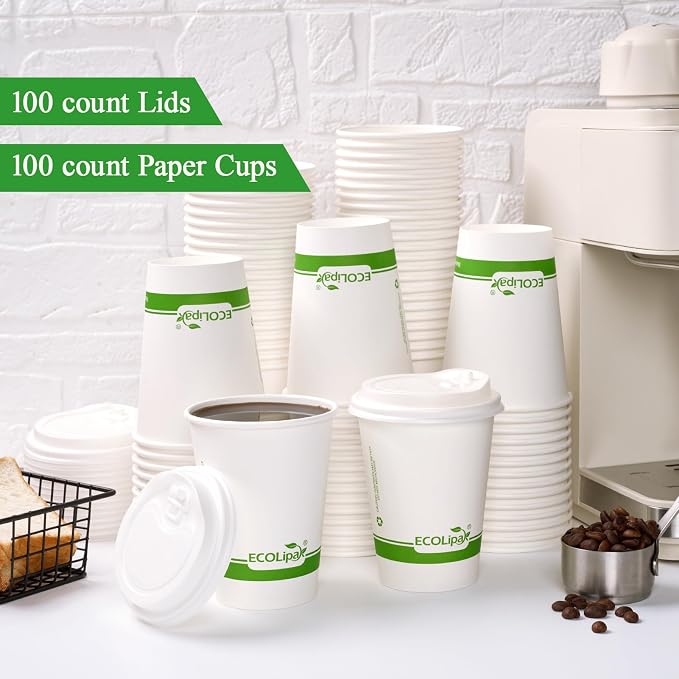 ECOLipak 100 Count 12 oz Compostable Paper Coffee Cups - Image 3