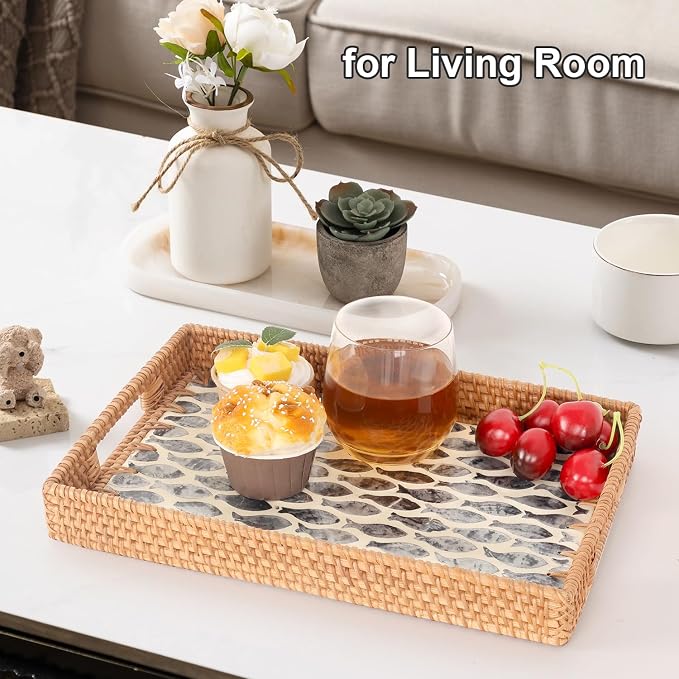 Rectangle Rattan Tray with Mother of Pearl Inlay, Rattan Serving Tray with - Image 5