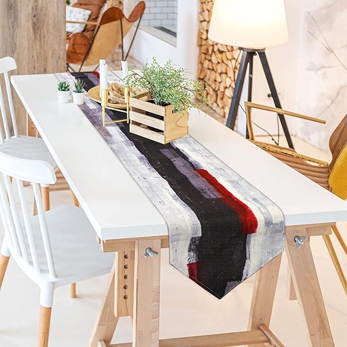 Black and White Table Runner 13x72 Inch Modern Abstract Art Painting Kitchen - Image 3