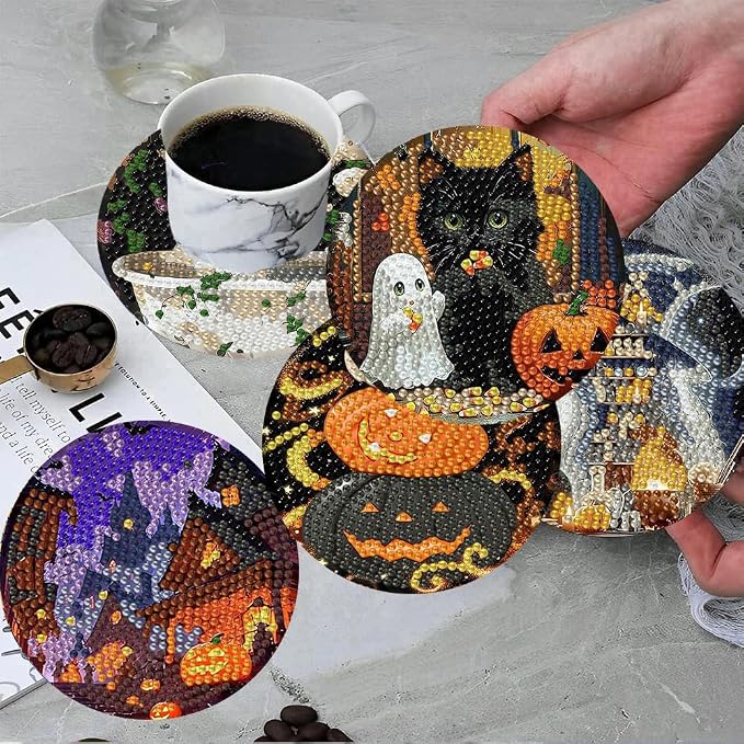 ijbnhd 8 Pcs Halloween Diamond Art Coasters Kits | Halloween Diamond Painting - Image 4