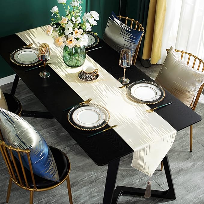 Elegant Modern Beige Table Runner, Embroidered Geometric, Tassels | Luxury - Image 6