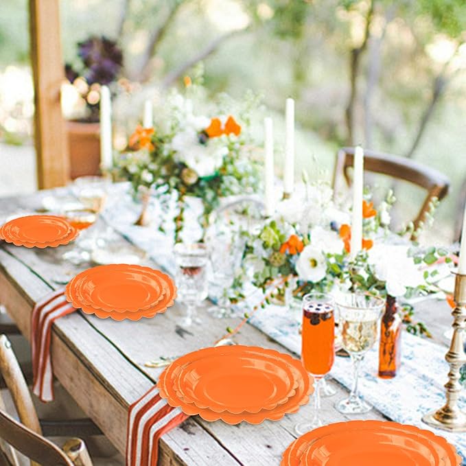 50 Pcs Orange Scalloped Paper Plates 25 × 7'' and 25 × 9'' Disposable Orange - Image 6