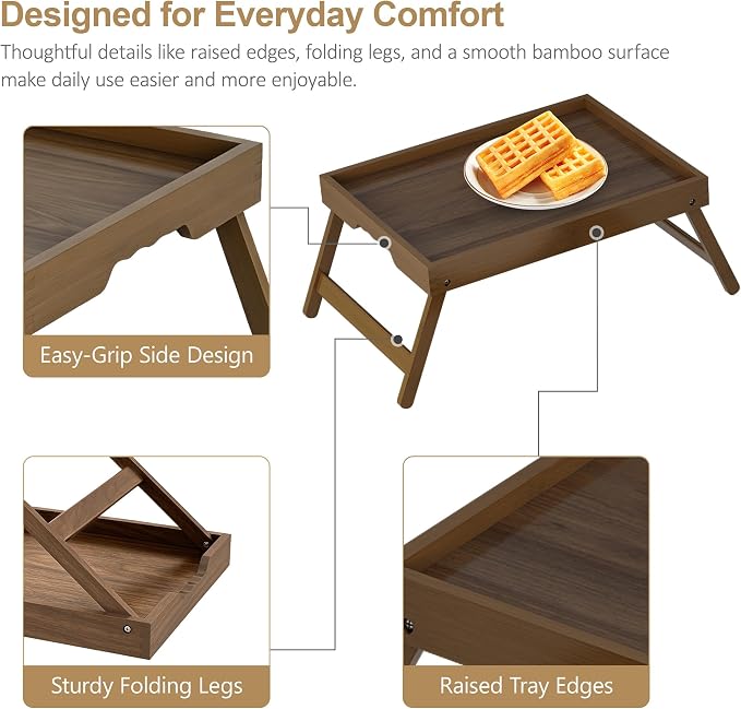 Bamboo Breakfast Trays with Folding Legs, Walnut | Set of 2 large bamboo bed - Image 6