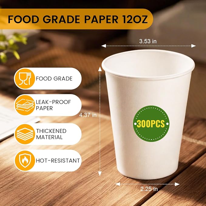 12 oz Paper Coffee Cups, 300 Pack Bulk Disposable White Paper Cups - Image 7