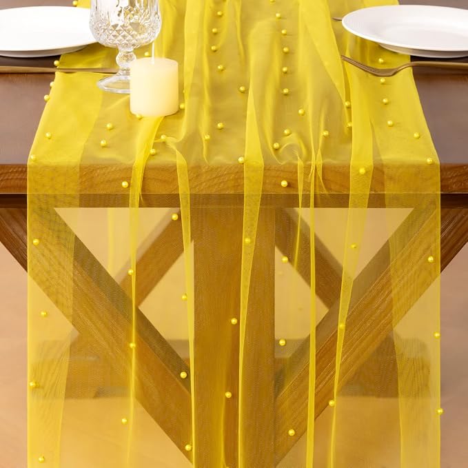 Pearl Table Runner Summer Tulle Gauze Sheer Wedding Party Home Decor | Yellow - Image 2