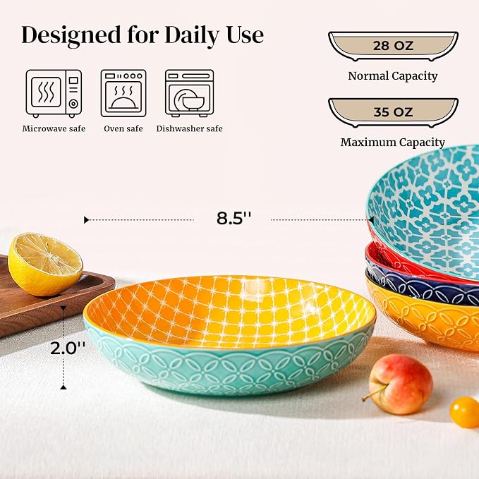 DOWAN 8.5" Vibrant Pasta, Salad & Soup Serving Bowls Set of 4, Embossed Large - Image 2