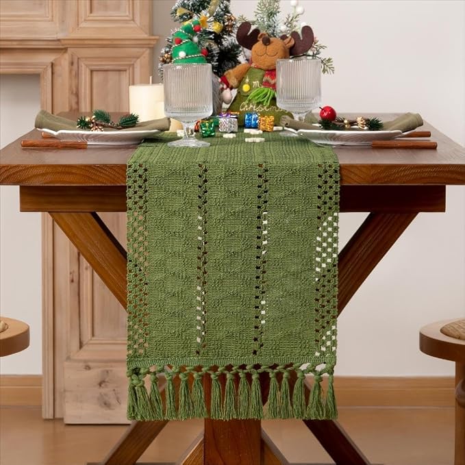 MLMW Boho Olive Green Table Runner 60 inches Small Coffee Table Runner Green - Image 5
