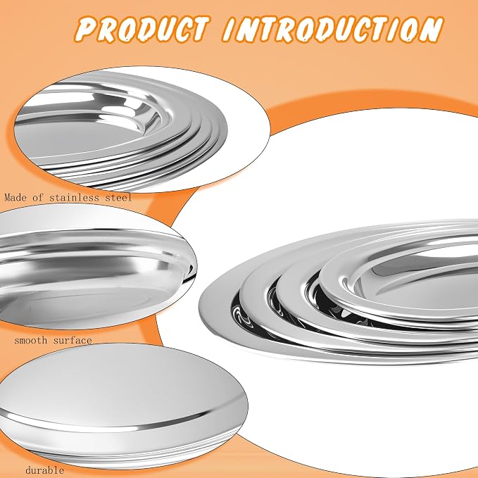 5 Pcs Stainless Steel Oval Platter Set Silver Oval Serving Food Tray Heavy Duty - Image 3