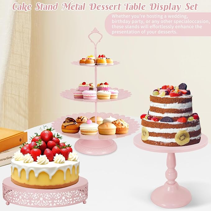 Fivenl 8 Pcs Cake Stand Pink Metal Dessert Table Display Set, 3-Tier Cupcake - Image 4