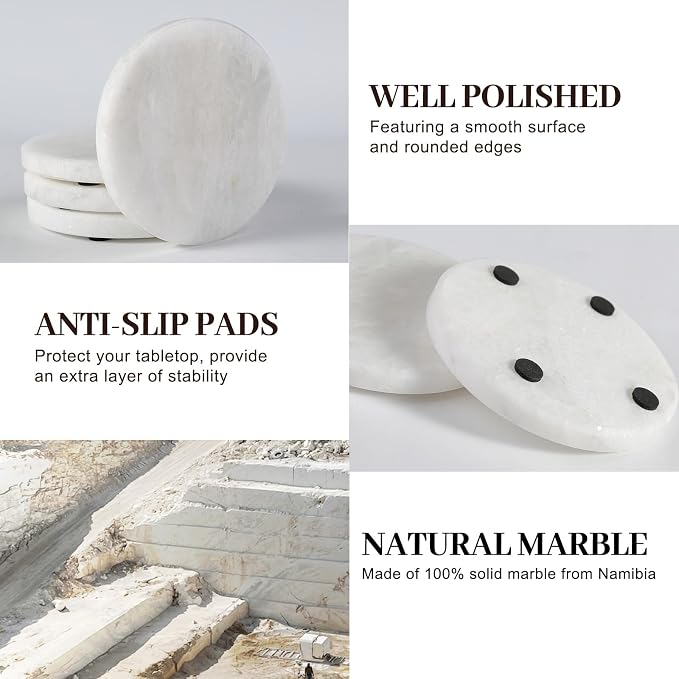 Marble Coaster Set of 4, Round White Coasters, Heat Resistant Coaster - Image 3