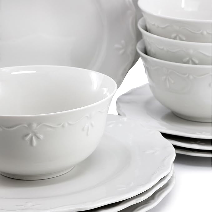 Elama Henryi 18 Piece Embossed Rim Detail Porcelain White Dinnerware Set - Image 5