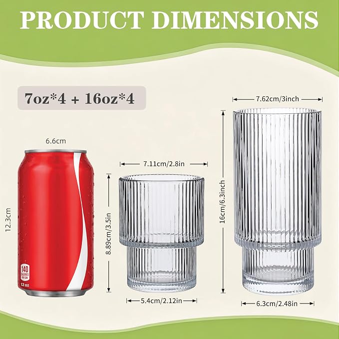 Ribbed Drinking Glasses Set of 8, Stackable Cute Kitchen Glasses Cups 16oz and - Image 2